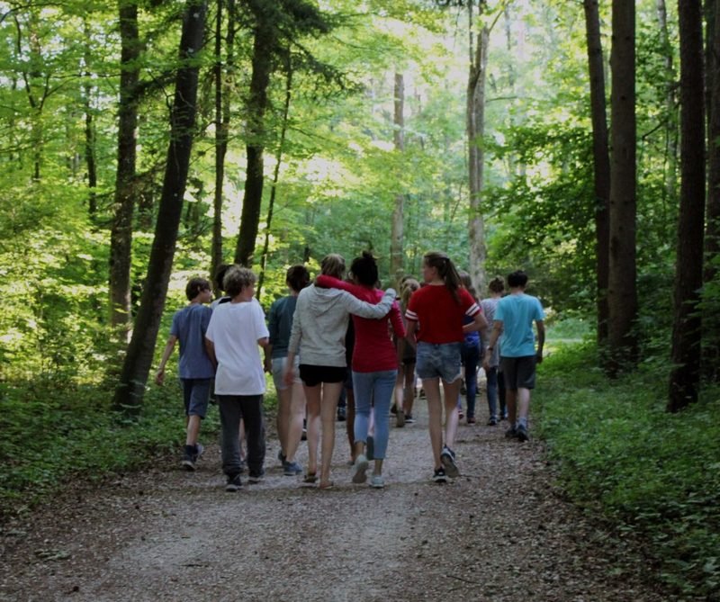 Eine Klasse geht gemeinsam einen Waldweg entlang